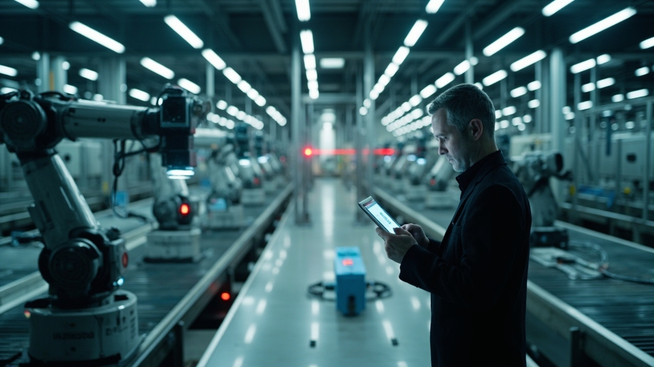 Modern industrial automation factory floor with robotic arms, conveyor belts, and a technician monitoring systems, symbolizing efficient manufacturing processes.