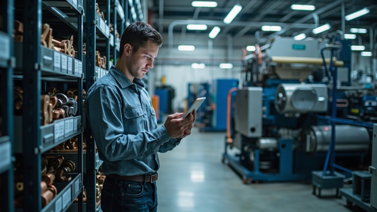 Organized MRO spare parts inventory on shelves in a manufacturing facility, with a technician using a tablet for inventory management.