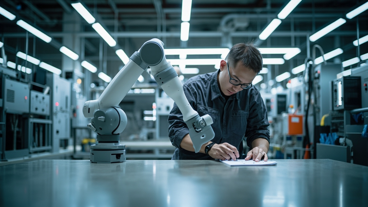 A human worker and a collaborative robot (cobot) efficiently performing tasks on a modern manufacturing assembly line, symbolizing increased production throughput without additional labor.