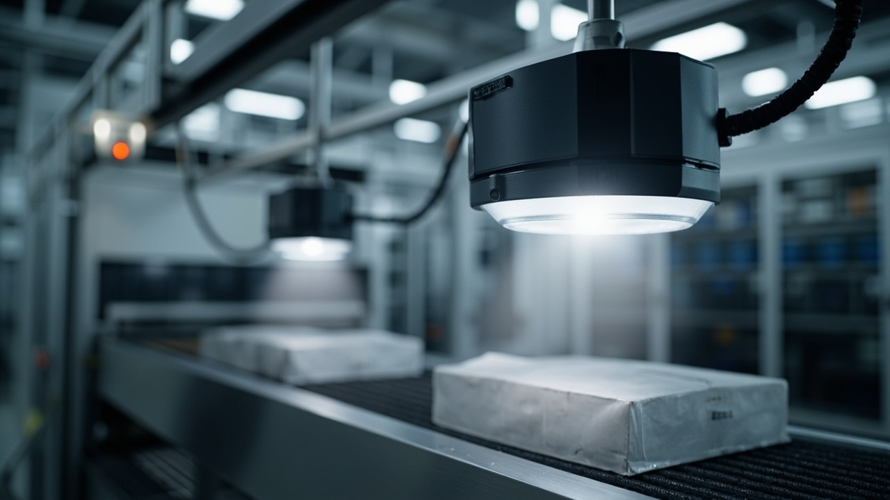 Machine vision camera inspecting products on a high-speed packaging line