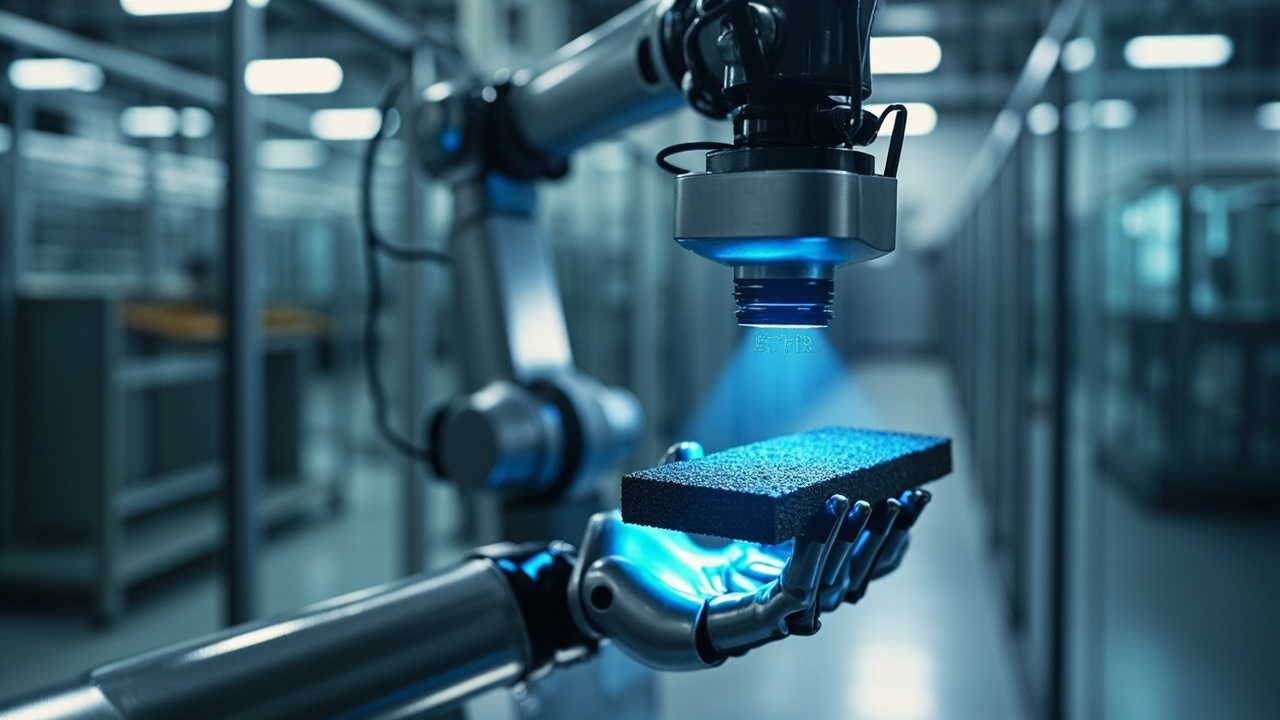 A robotic arm presenting a manufactured part to a machine vision camera for automated defect detection in a modern factory setting.