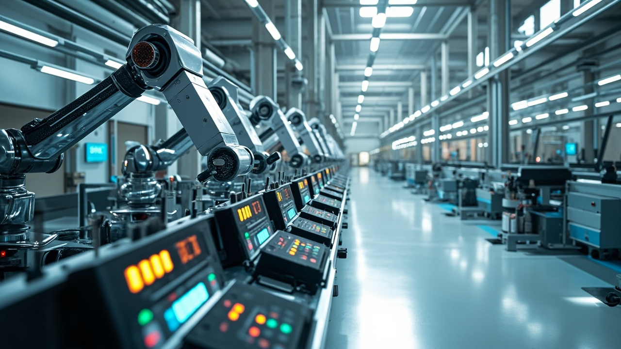 Equipos de automatización industrial en una planta de manufactura en Mexicali, incluyendo paneles de control, sensores y brazos robóticos.