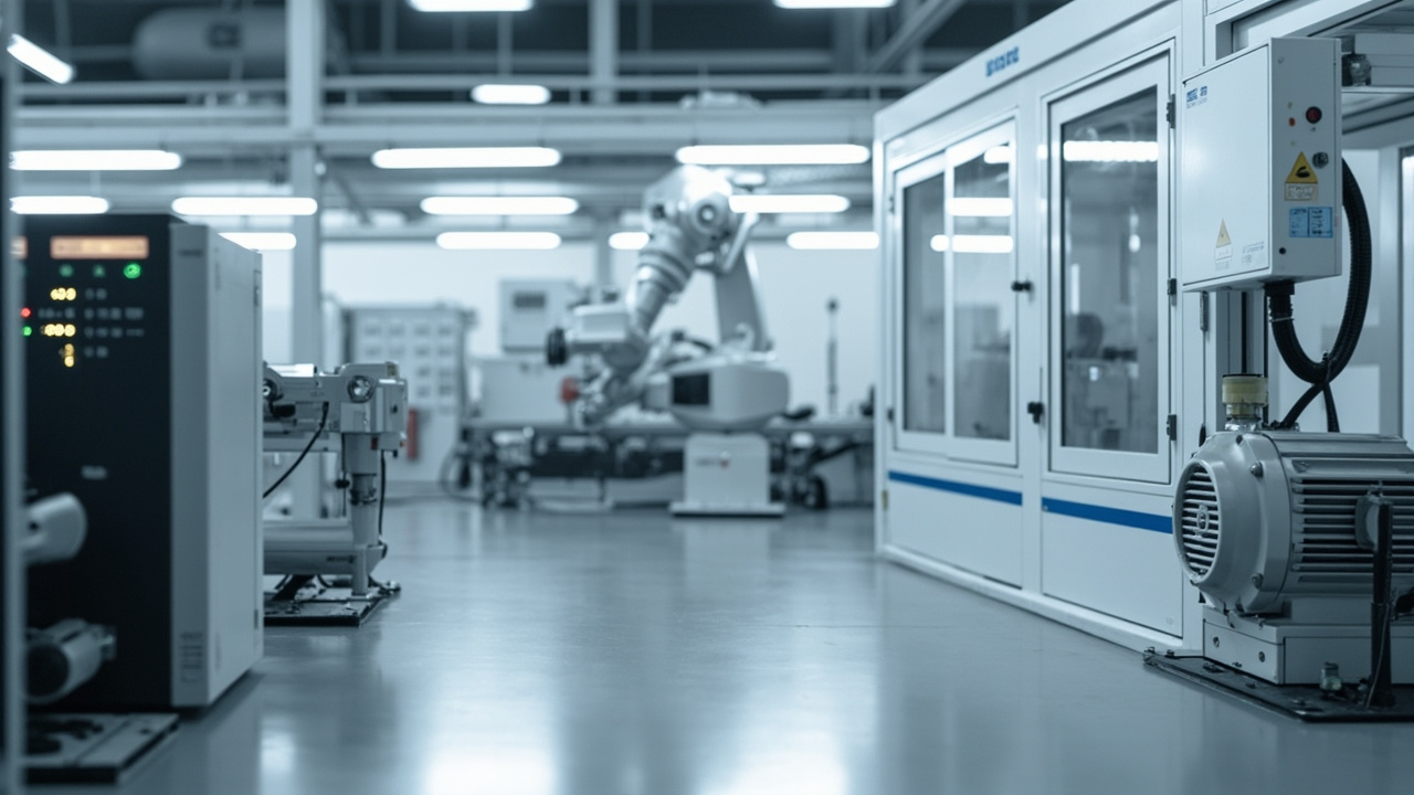 Modern factory floor showcasing Mitsubishi PLCs, servo systems, industrial robots, and VFDs for comprehensive factory automation.