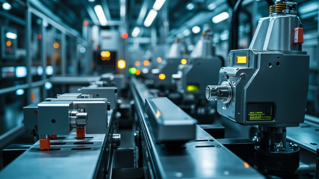 Industrial automation components in a modern factory setting, including sensors, control systems, and actuators.