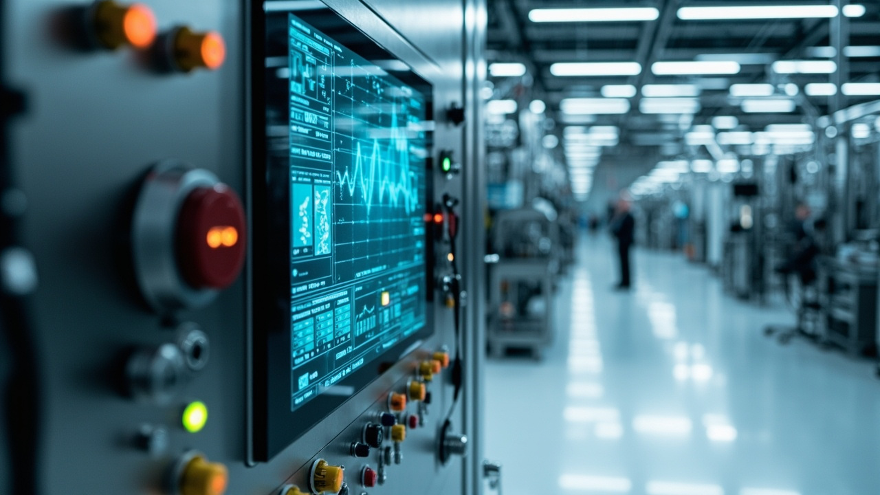 Industrial automation control panel displaying efficiency metrics in a modern factory
