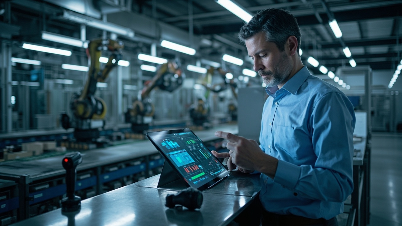 Supply Chain Manager observing an automated manufacturing line with robots and barcode systems.