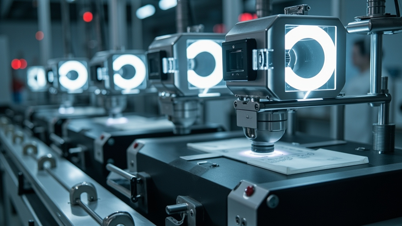 Sistema de visión industrial inspeccionando productos en una línea de producción en México, con cámaras, iluminación LED y componentes de automatización.