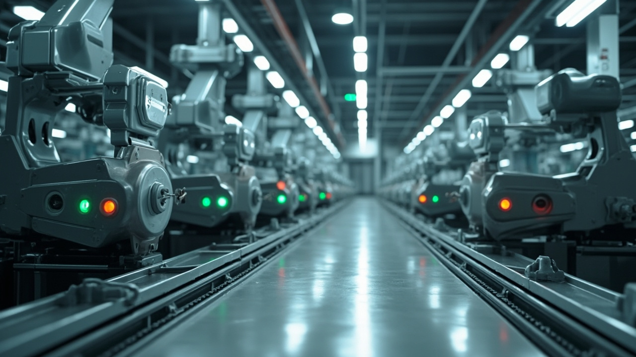 Robotic arms on an automated assembly line in a modern Mexican manufacturing facility, showcasing advanced industrial automation.
