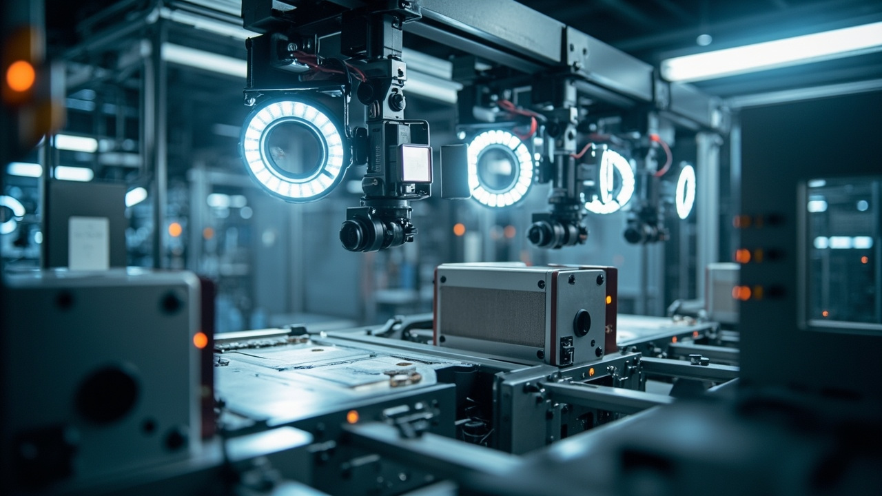 Industrial machine vision system with cameras, lighting, and processing units in a manufacturing environment