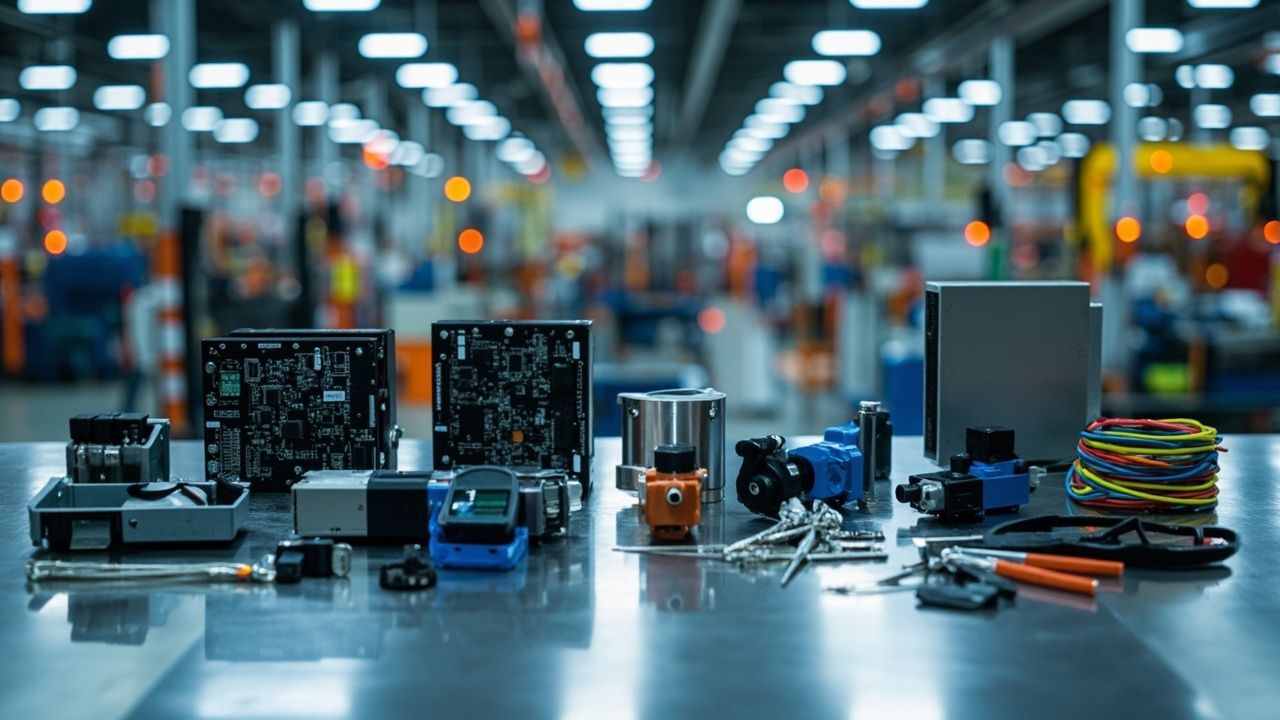 Industrial automation components on a workbench, symbolizing organized supply chain and technical expertise