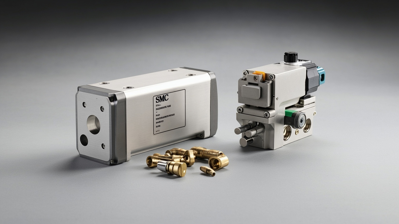 Assortment of SMC pneumatic components including an air cylinder, valve, and fittings, showcasing precision and quality for industrial automation.