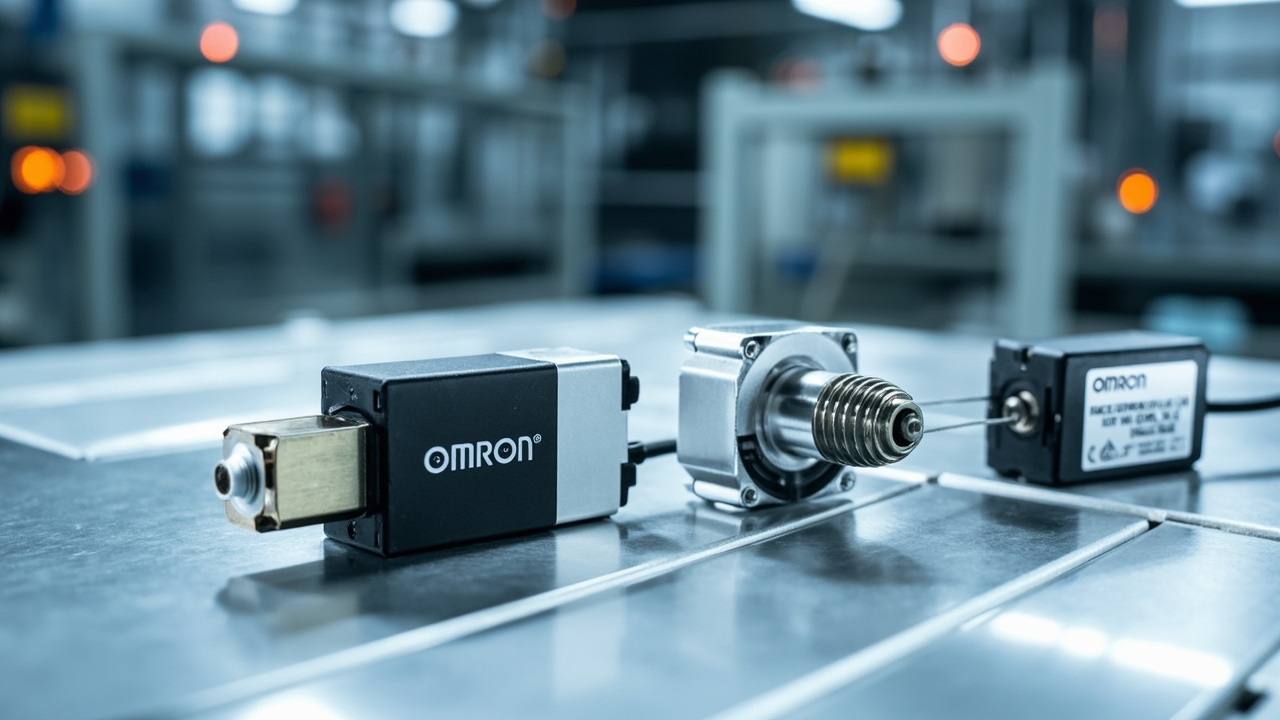 Collection of OMRON industrial sensors, including photoelectric switches, proximity sensors, and precision detection devices, on a metallic surface.
