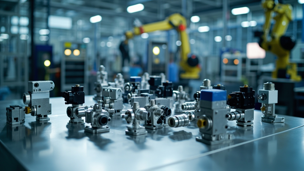 Various industrial automation components, including sensors, valves, and connectors, laid out on a workbench in a manufacturing setting, symbolizing efficient component sourcing.