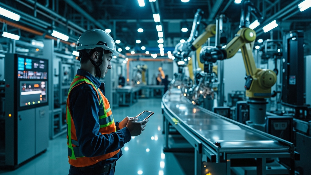 A technician reviewing data on a tablet in a modern factory setting, surrounded by industrial automation machinery, symbolizing efficient MRO management.