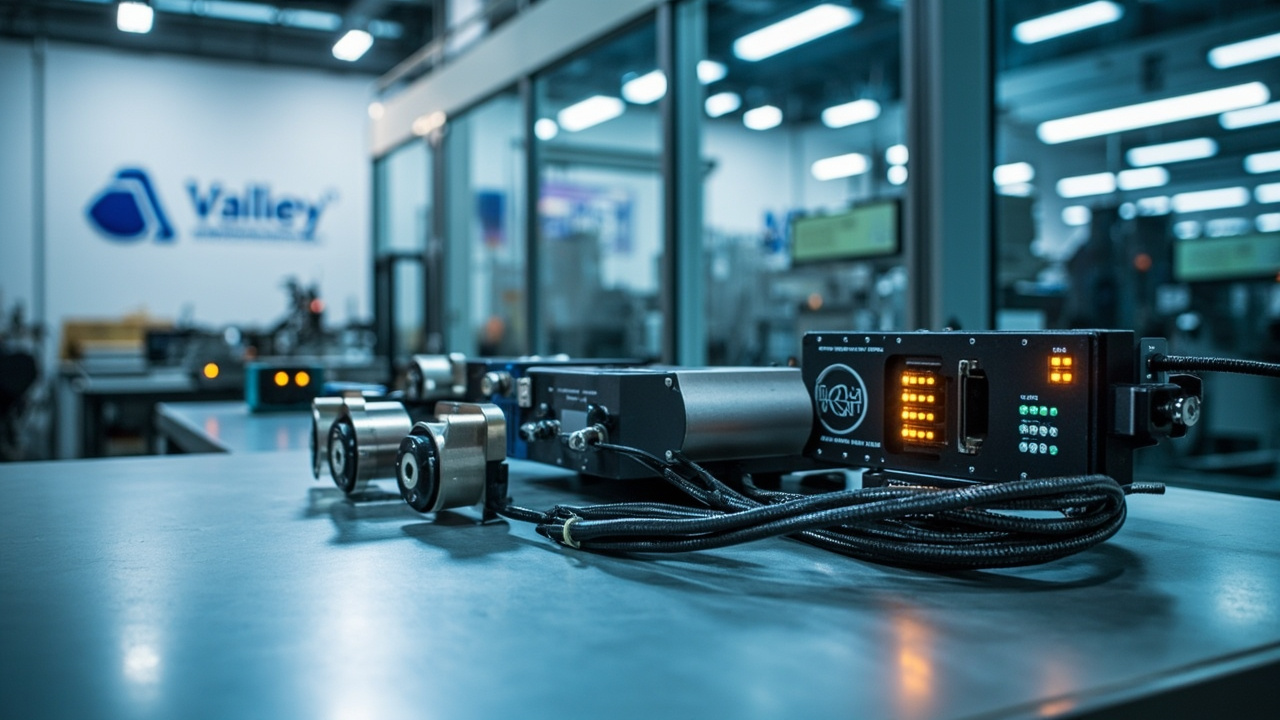 A comprehensive display of industrial sensors, programmable logic controllers (PLCs), and vision system cameras on a workbench, representing a single-vendor solution for Mexican manufacturing plants.